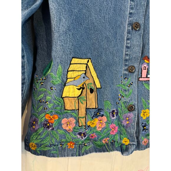 The Tog Shop Denim Button Jacket Shirt Petite Medium Women Stitched Birdhouse - Picture 6 of 8